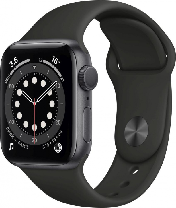 Apple Watch Series 6, 44 мм, корпус из алюминия цвета «серый космос», спортивный ремешок чёрного цвета (без коробки) - Б/У